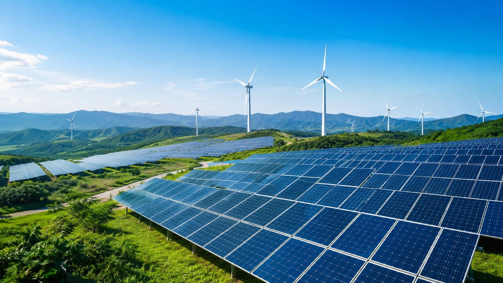 Campo de paneles solares y turbinas eólicas sobre colinas verdes